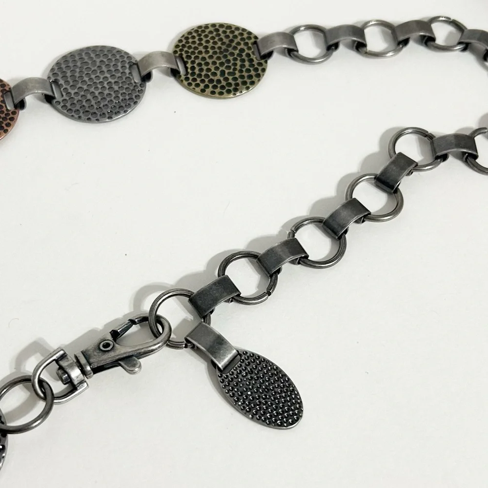 Vintage Hammered Metal Disc Chain Belt Adjustable Length Bronze Gold Silver Tone